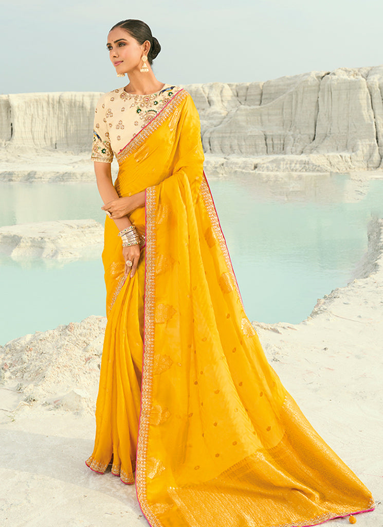 Yellow And Cream Wedding Saree With Blouse