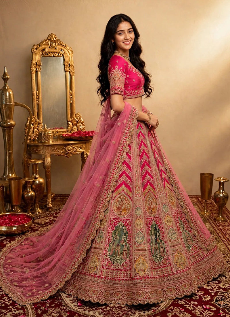 Shop Magenta Pink Embroidered Lehenga  In Canada