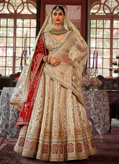 Ivory And Red Multi Wedding Lehenga Choli