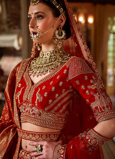 Crimson Red Multi Embroidery Wedding Lehenga Choli