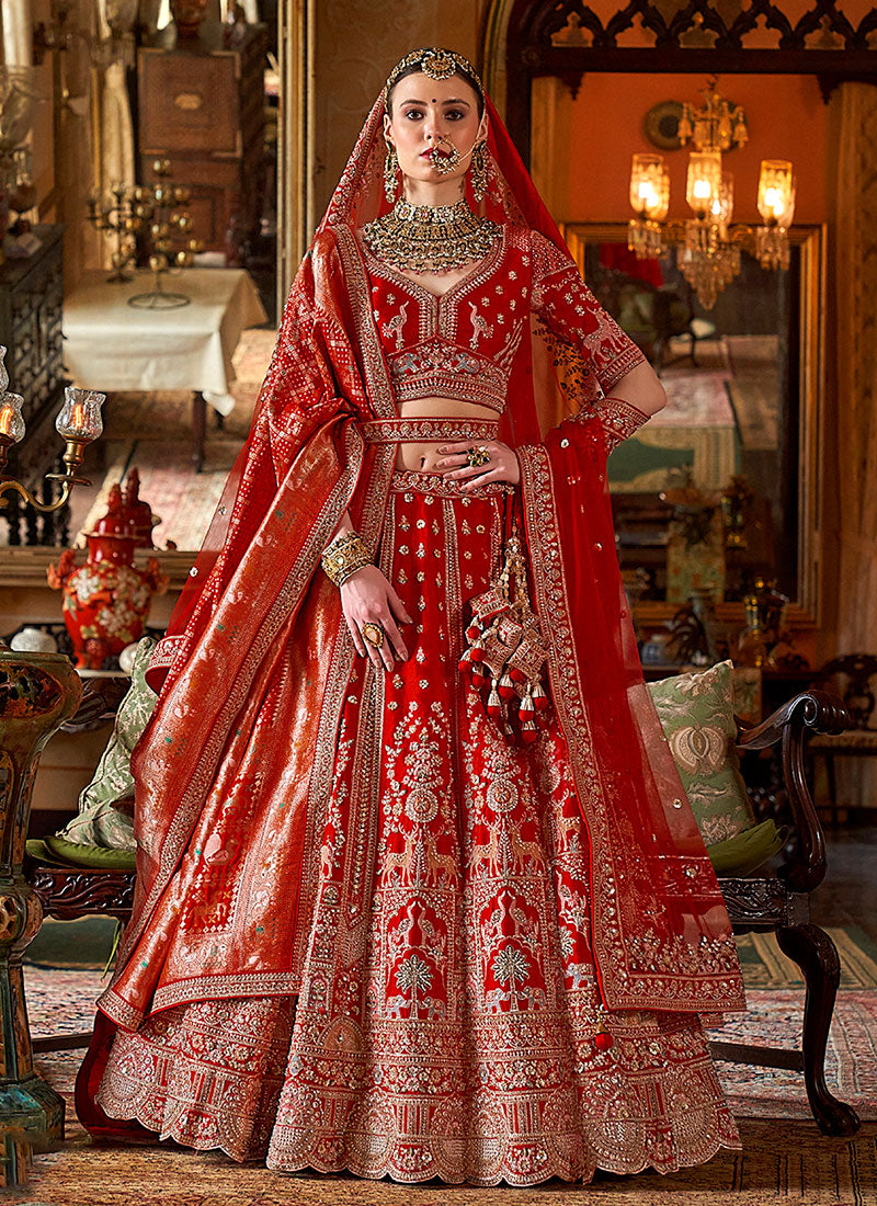 Ruby Red Multi Embroidery Wedding Lehenga Choli