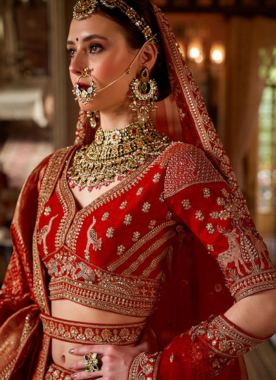 Ruby Red Multi Embroidery Wedding Lehenga Choli