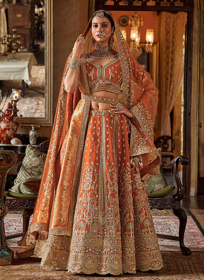 Orange Multi Embroidery Bridal Lehenga Choli