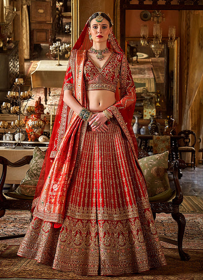 Bridal Red Multi Embroidery Wedding Lehenga Choli