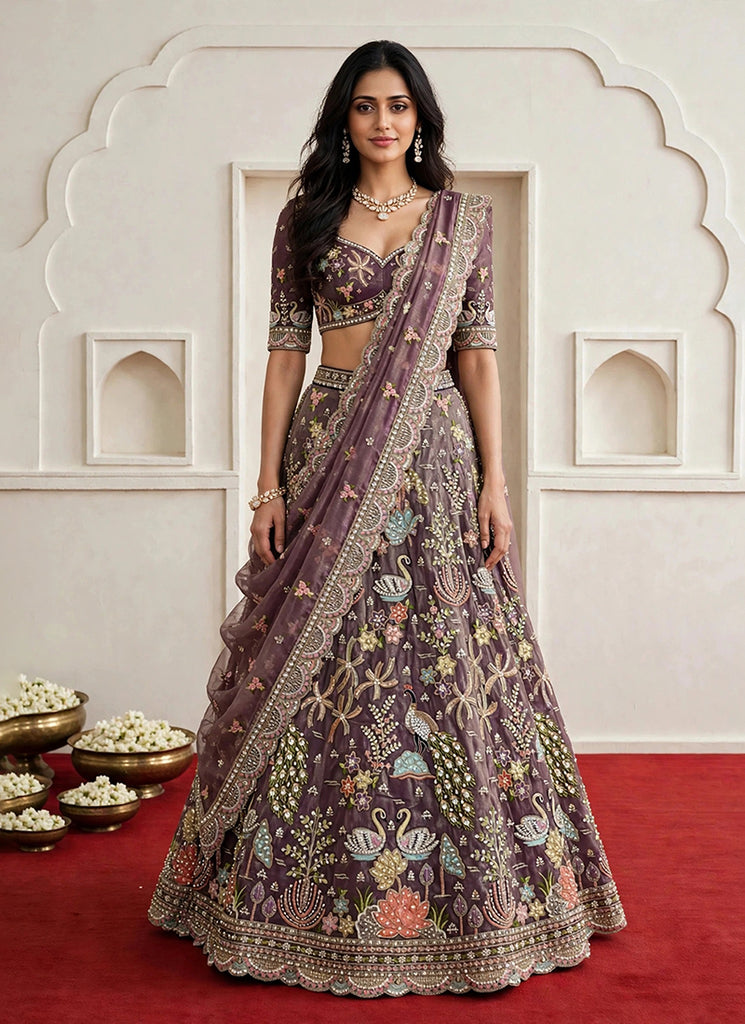 Mauve Handwork Embroidered Lehenga Choli
