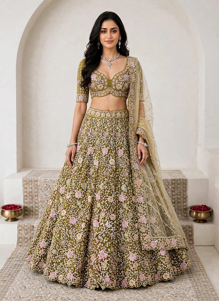 Olive Green Handwork Embroidered Lehenga Choli