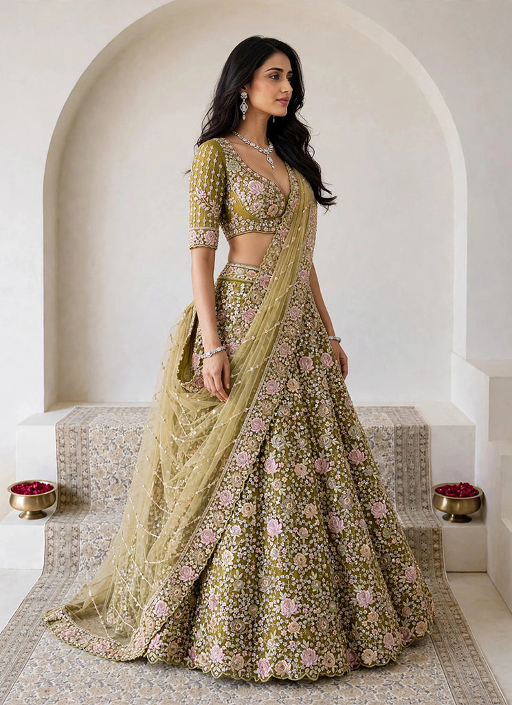 Shop Olive Green Handwork Embroidered Lehenga Choli Online