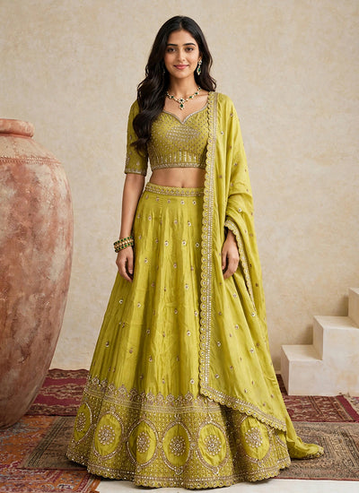 Lime Green Handwork Embroidered Lehenga Choli