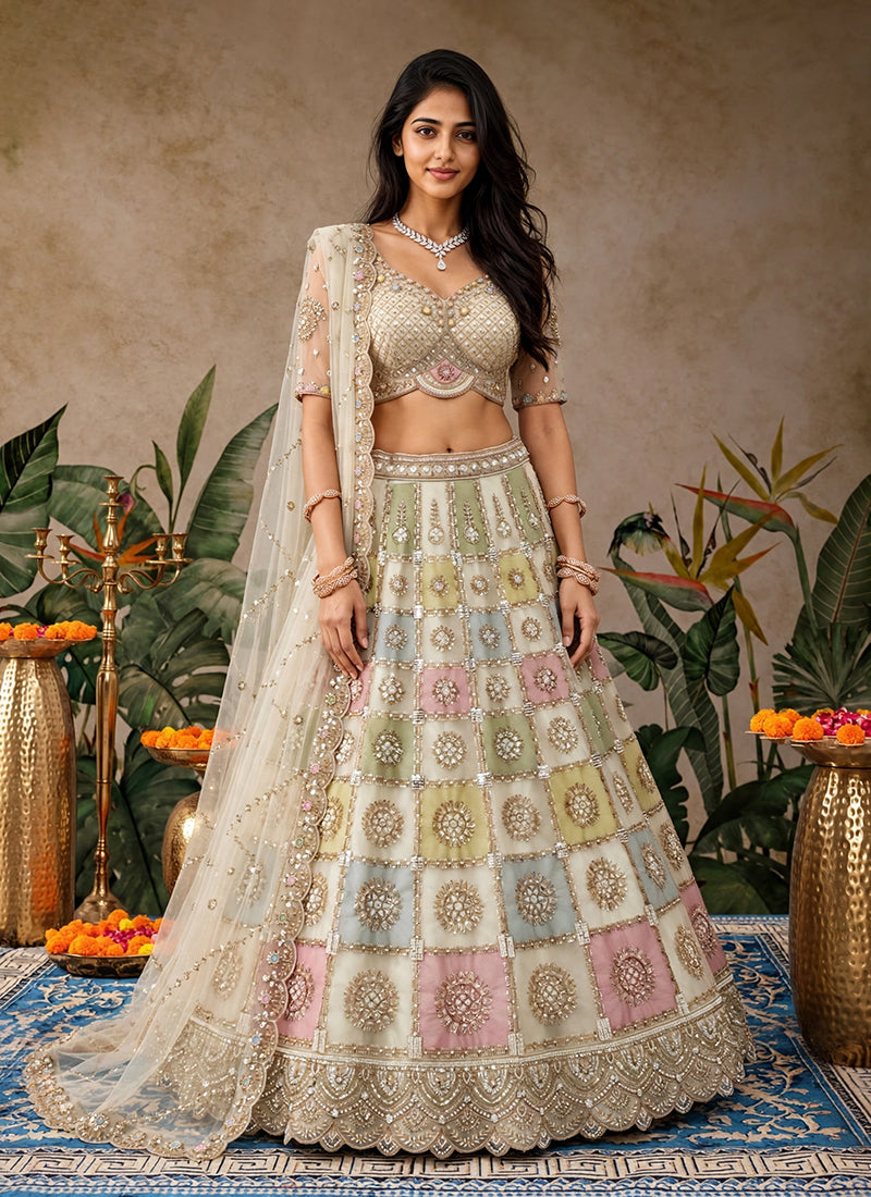 Ivory Multicolour Handwork Embroidered Lehenga Choli