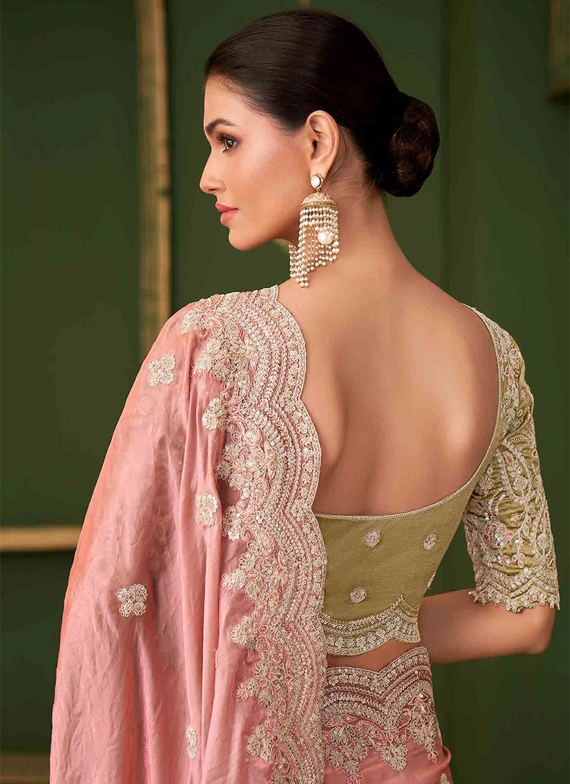 Peach And Lime Designer Wedding Saree With Blouse
