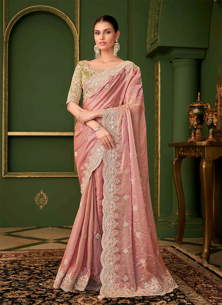 Peach And Lime Designer Wedding Saree With Blouse