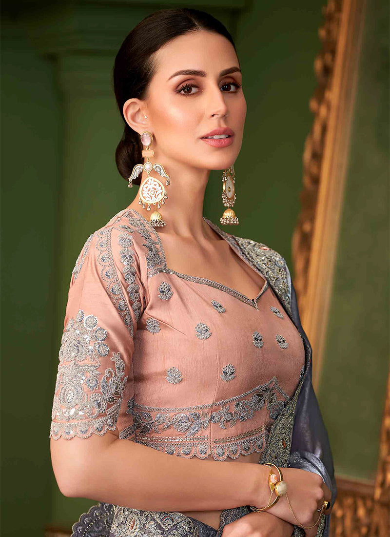 Purple And Peach Designer Wedding Saree With Blouse