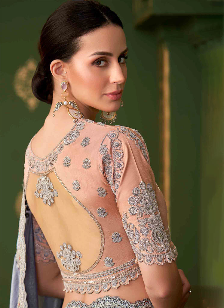 Purple And Peach Designer Wedding Saree With Blouse