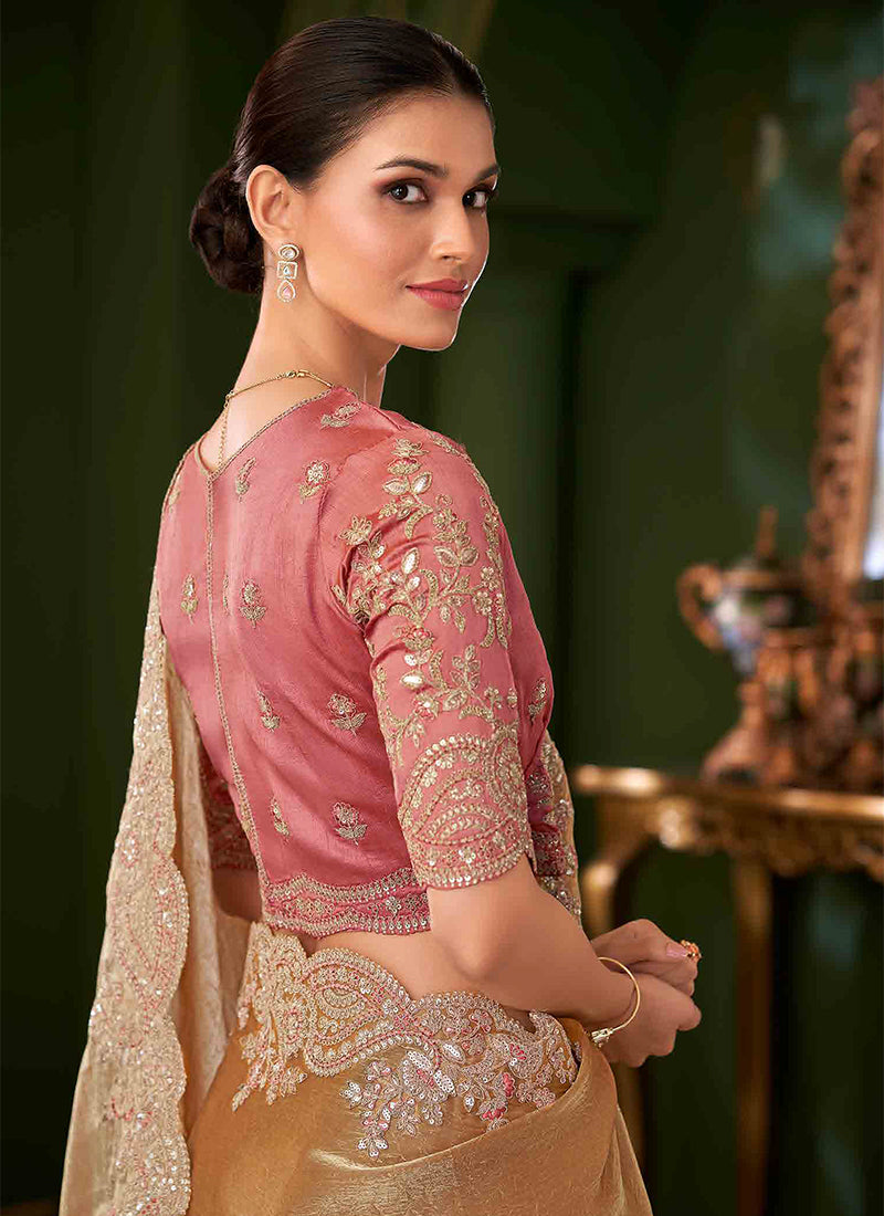 Yellow And Pink Designer Wedding Saree With Blouse