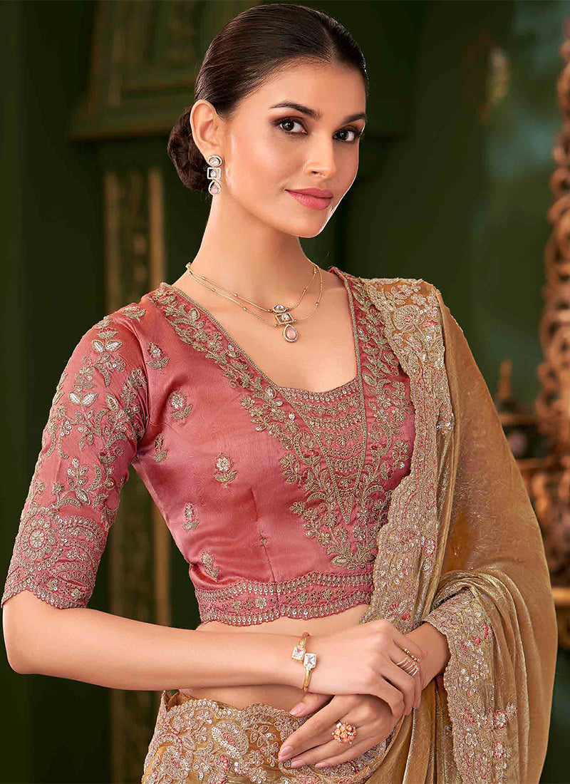 Yellow And Pink Designer Wedding Saree With Blouse