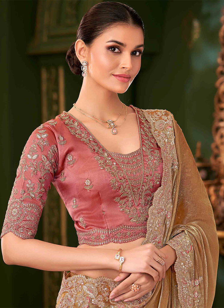 Yellow And Pink Designer Wedding Saree With Blouse