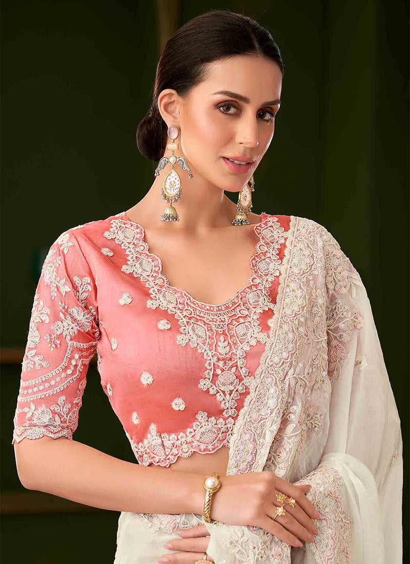 Off White And Peach Designer Wedding Saree With Blouse