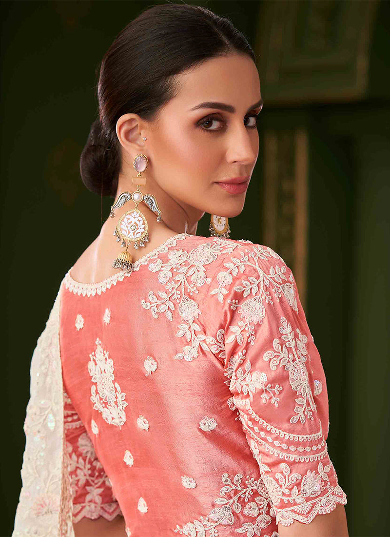 Off White And Peach Designer Wedding Saree With Blouse