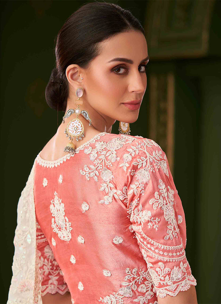 Off White And Peach Designer Wedding Saree With Blouse