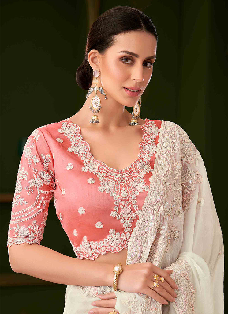 Off White And Peach Designer Wedding Saree With Blouse