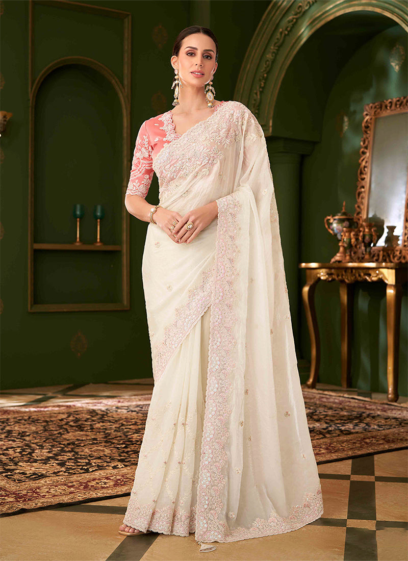 Off White And Peach Designer Wedding Saree With Blouse