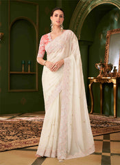 Off White And Peach Designer Wedding Saree With Blouse