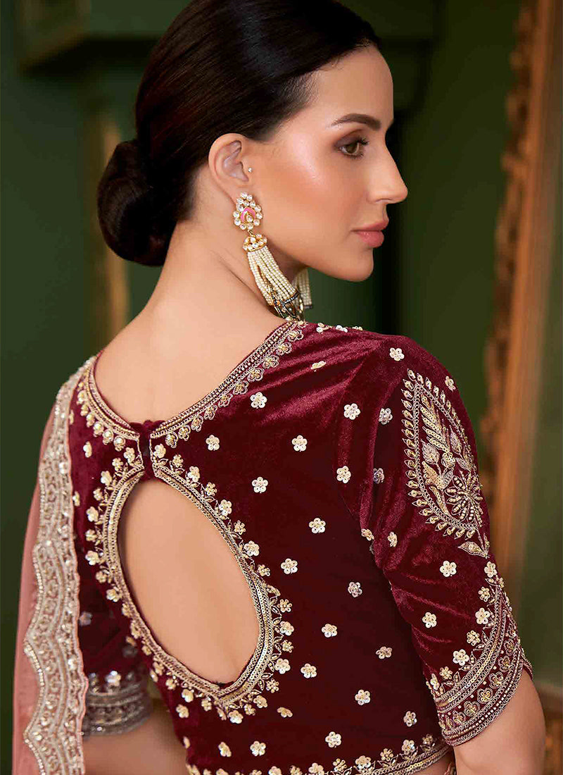 Peach And Red Designer Wedding Saree With Blouse