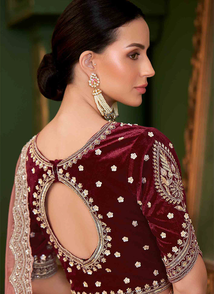 Peach And Red Designer Wedding Saree With Blouse