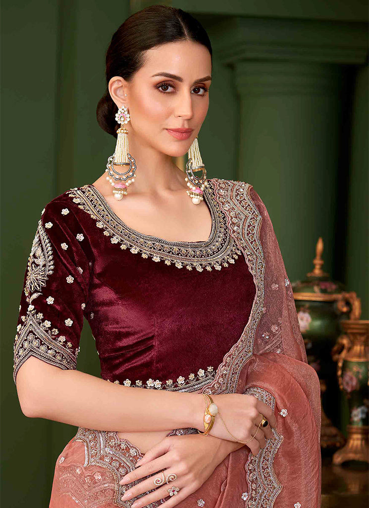 Peach And Red Designer Wedding Saree With Blouse