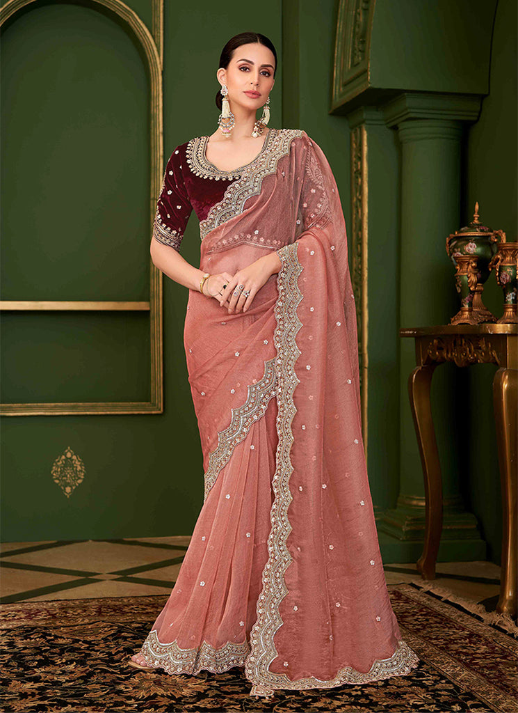 Peach And Red Designer Wedding Saree With Blouse