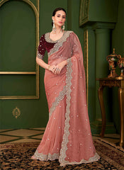 Peach And Red Designer Wedding Saree With Blouse