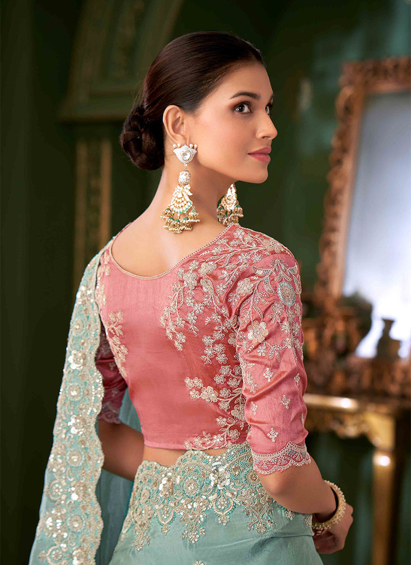 Firozi And Pink Designer Wedding Saree With Blouse