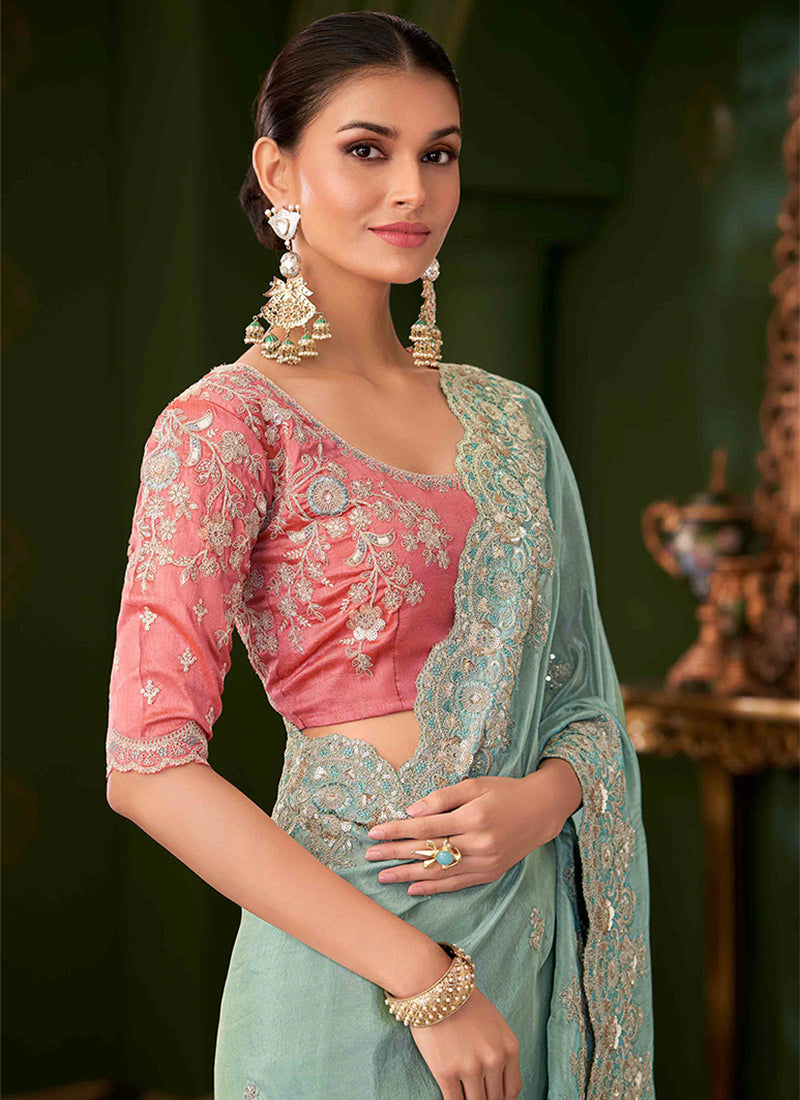 Firozi And Pink Designer Wedding Saree With Blouse