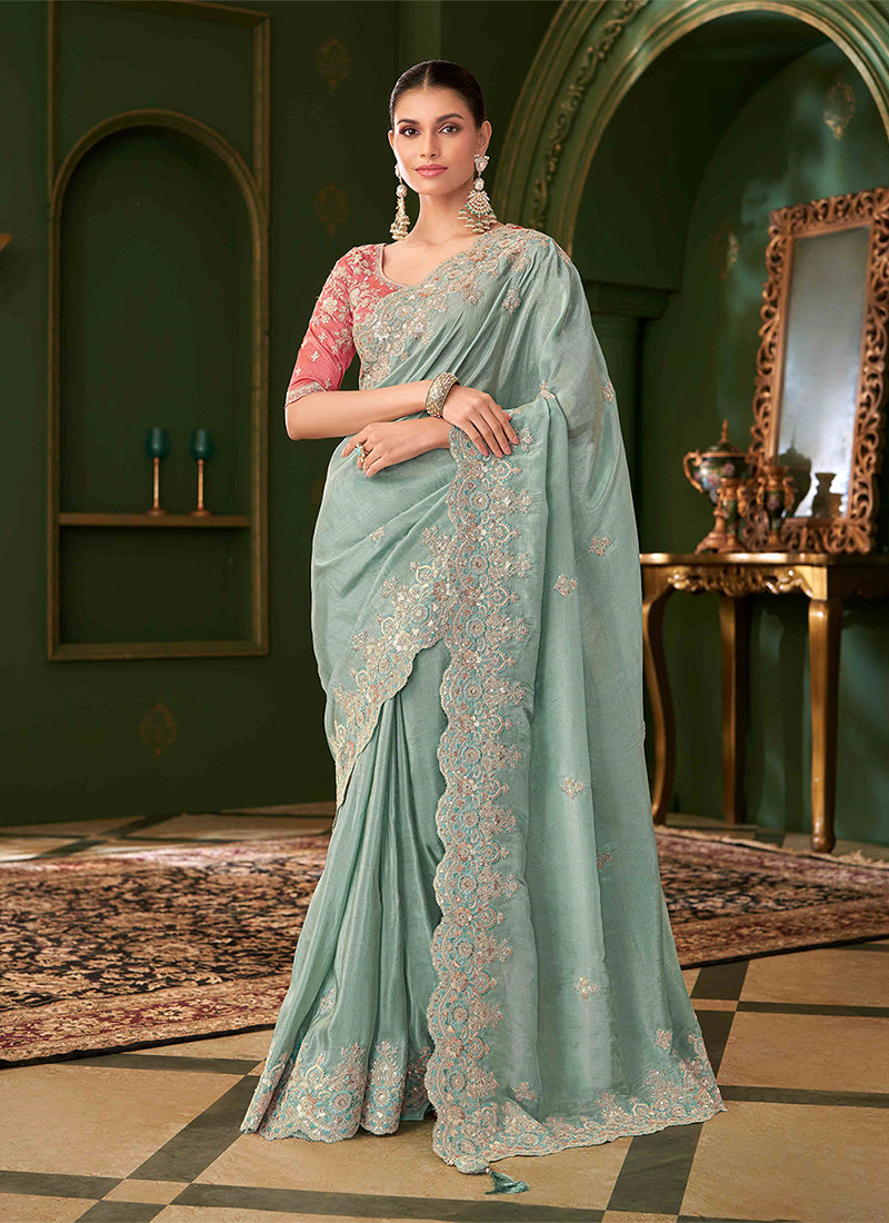 Firozi And Pink Designer Wedding Saree With Blouse