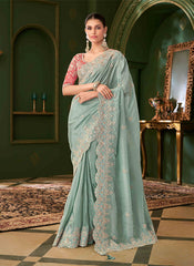 Firozi And Pink Designer Wedding Saree With Blouse