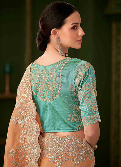 Orange And Teal Designer Wedding Saree With Blouse