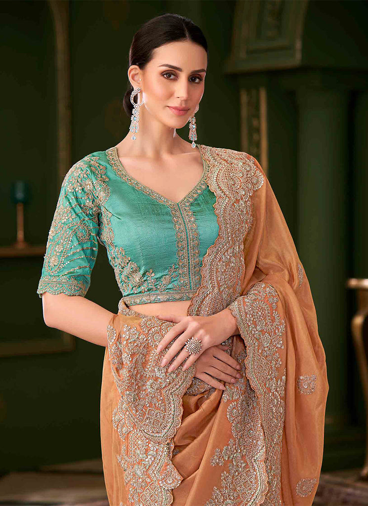 Orange And Teal Designer Wedding Saree With Blouse