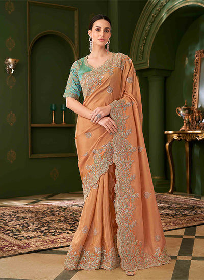 Orange And Teal Designer Wedding Saree With Blouse