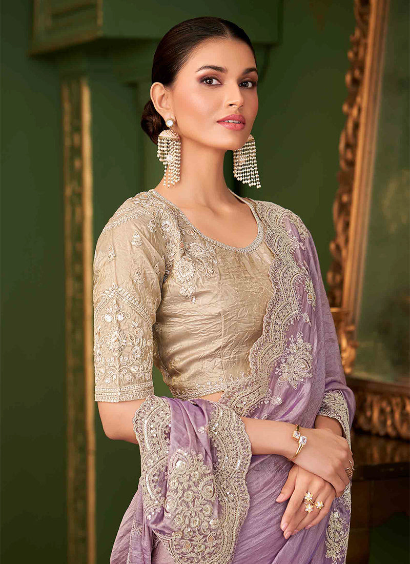 Purple And Beige Designer Wedding Saree With Blouse