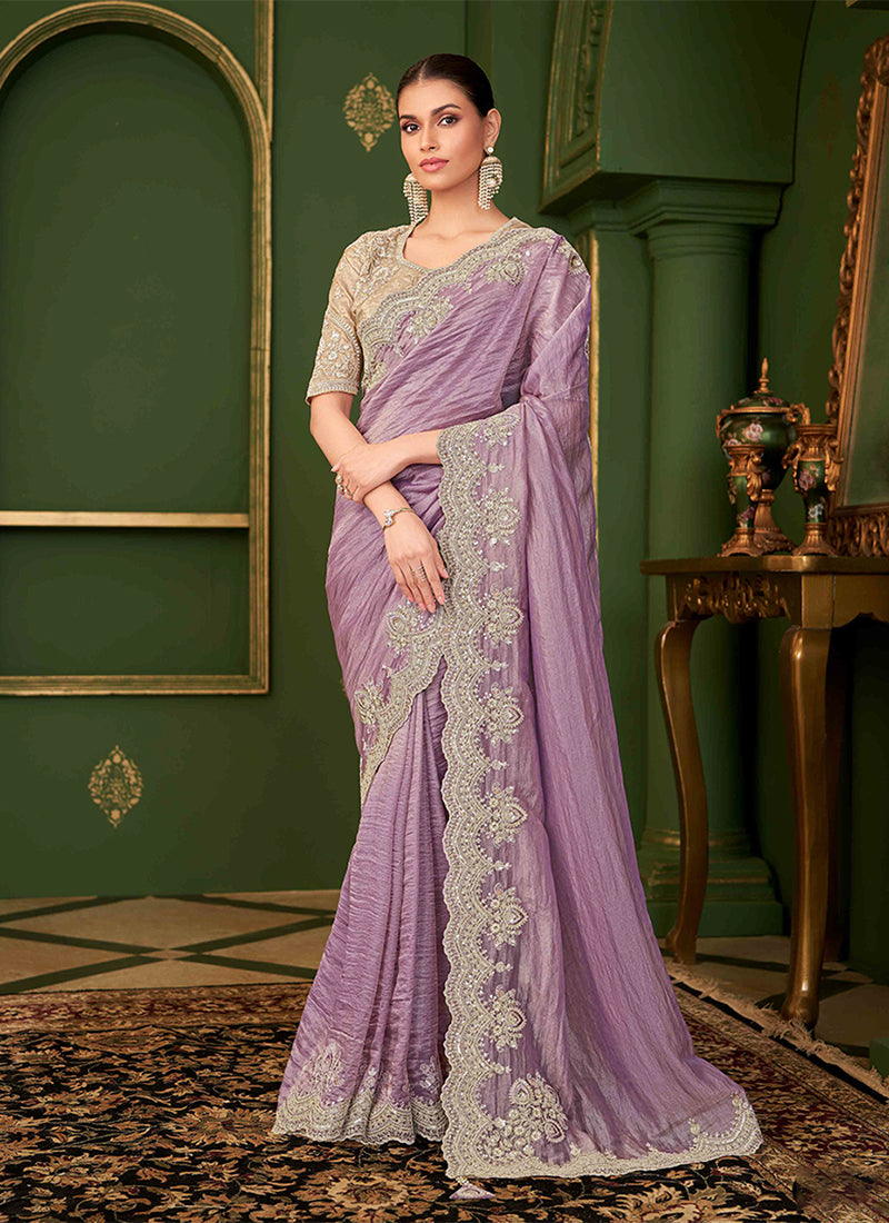 Purple And Beige Designer Wedding Saree With Blouse