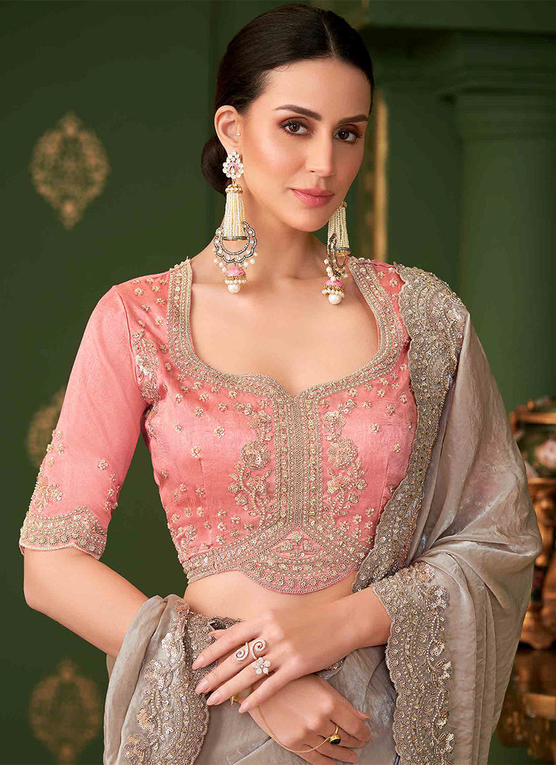 Beige And Peach Designer Wedding Saree With Blouse