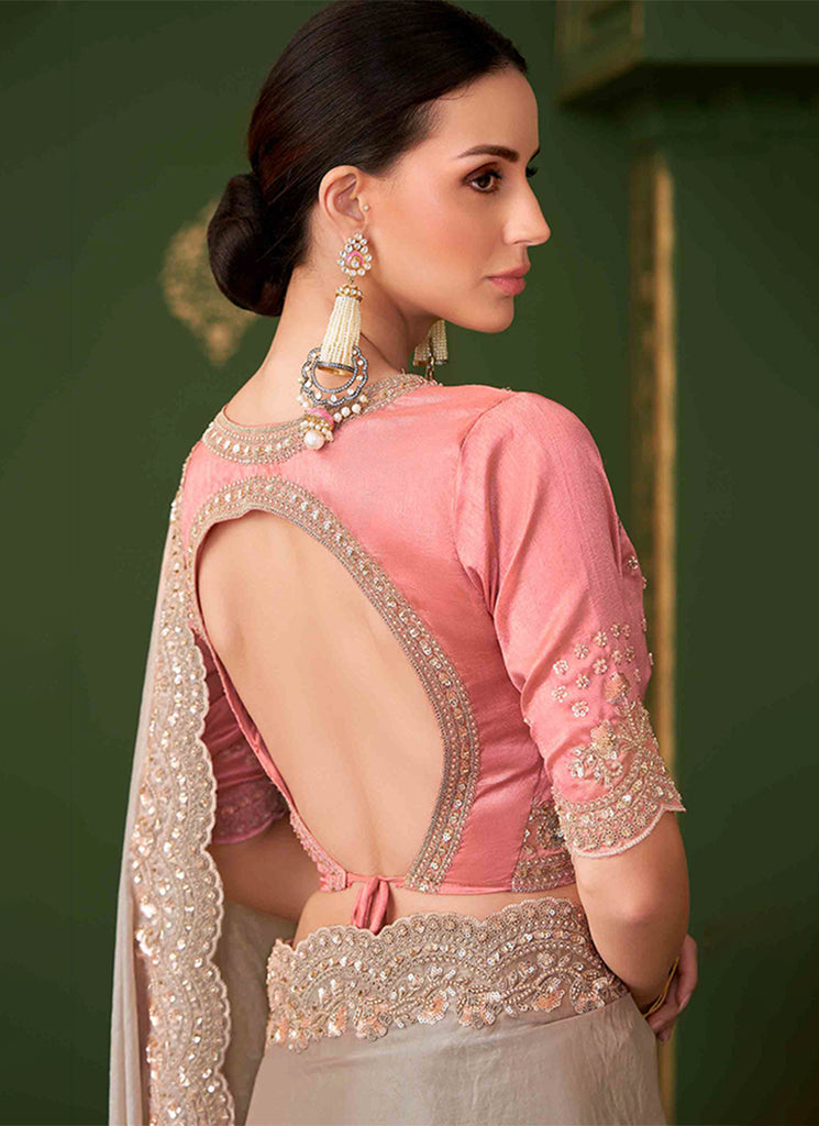 Beige And Peach Designer Wedding Saree With Blouse