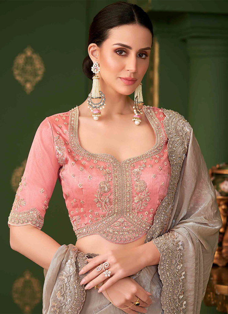 Beige And Peach Designer Wedding Saree With Blouse