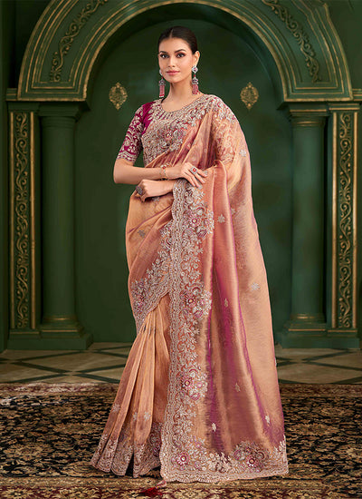 Peach And Red Designer Wedding Saree With Blouse