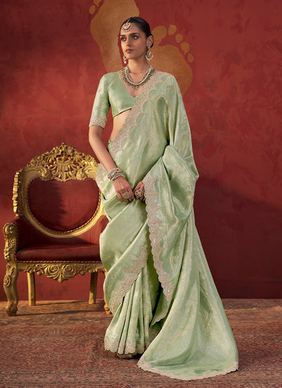 Mint Green Reshamkari Embroidery Viscose Saree