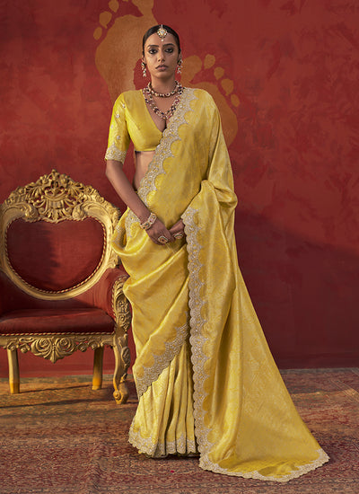 Golden Yellow Reshamkari Embroidery Viscose Saree