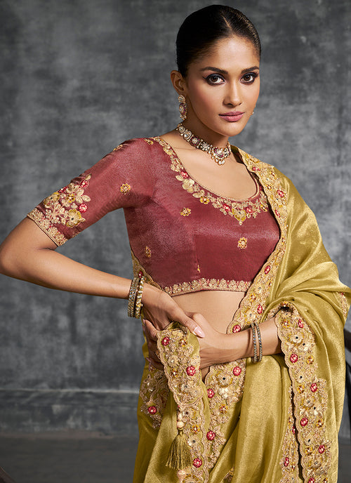 Buy Yellow And Rust Wedding Saree In USA