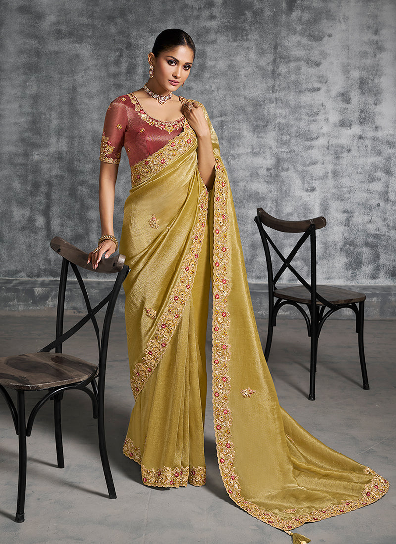 Yellow And Rust Embroidery Wedding Saree