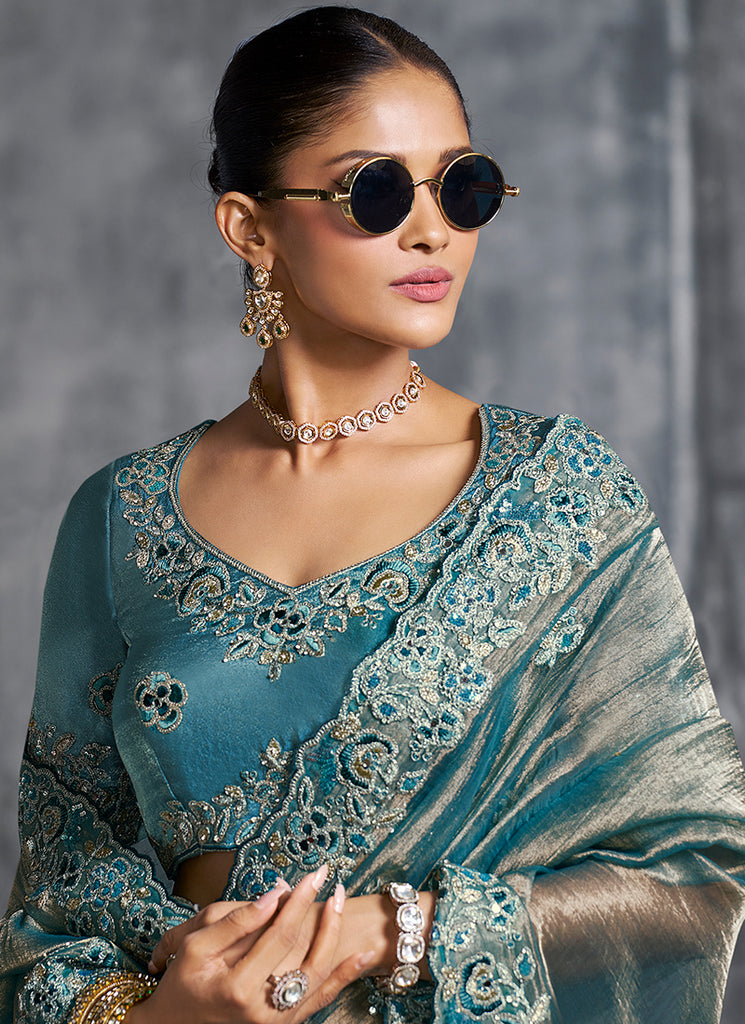 Shop Firozi Blue Wedding Saree In UK