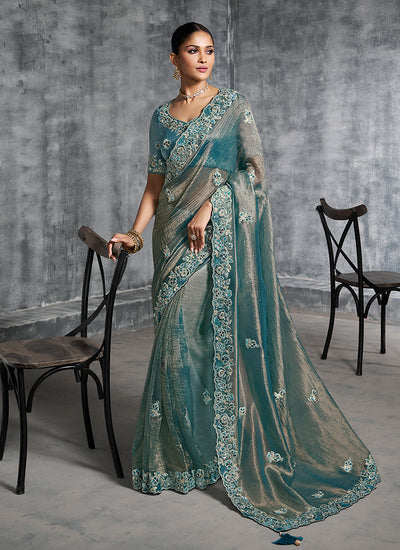 Firozi Blue Embroidery Wedding Saree
